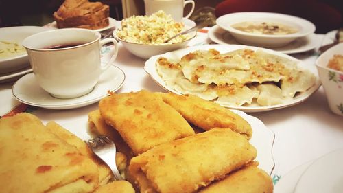 Close-up of breakfast served on table
