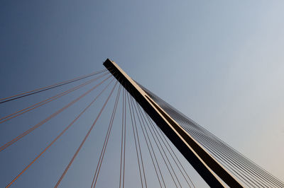 Low angle view of suspension bridge cables against clear blue sky