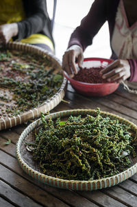 High angle view of preparing food in basket on table