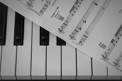 Close-up of sheet music on piano keys