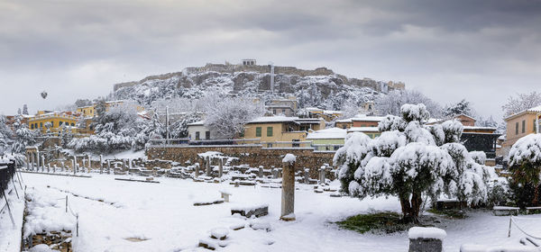 View of snow covered houses and trees against sky