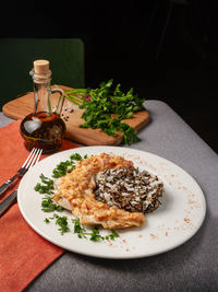 High angle view of meal served on table