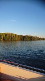 Scenic view of lake against clear blue sky