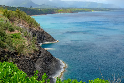 High angle view of sea and mountains