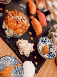 High angle view of ice cream in plate on table