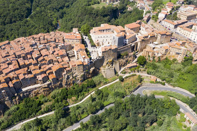 Aerial view of the medieval town of pitigliano in the province of grosseto on the hills 