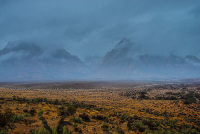 Scenic view of landscape against sky during foggy weather