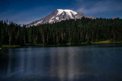 Scenic view of lake by mountain against sky