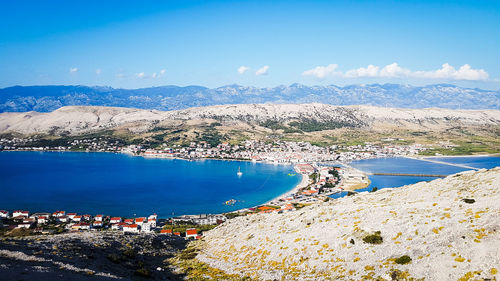 High angle view of bay against sky