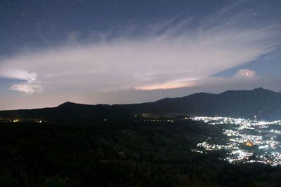 High angle view of illuminated buildings in city at night