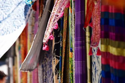 Close-up of multi colored hanging at market stall