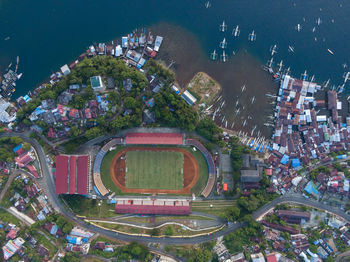 High angle view of illuminated buildings in city