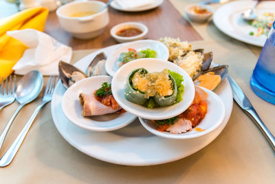 High angle view of breakfast served on table