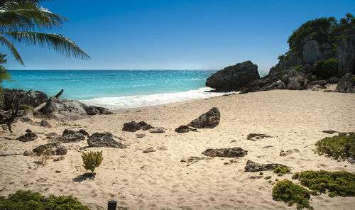 Scenic view of beach against clear blue sky