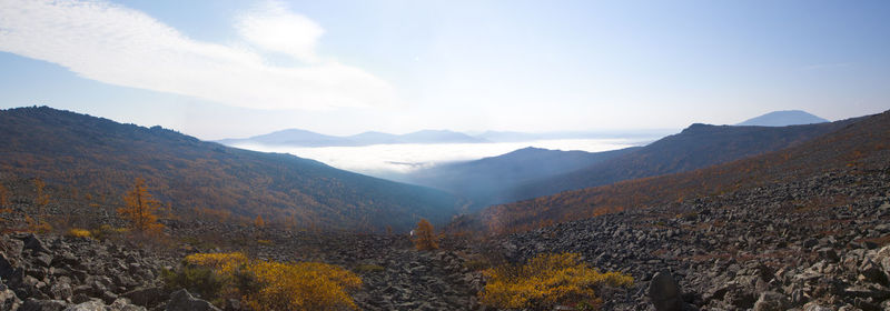 Scenic view of mountains against cloudy sky