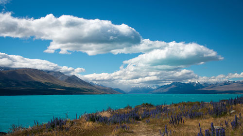 Scenic view of lake and mountains against sky