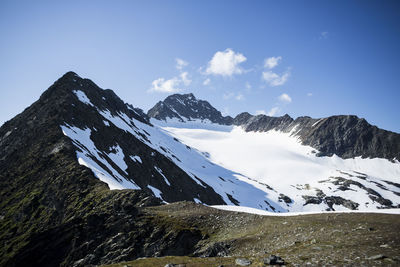 Scenic view of snowcapped mountains against clear blue sky