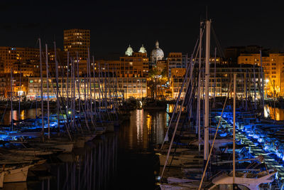 View of harbor at night
