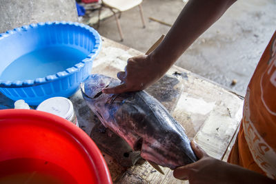 High angle view of person preparing food