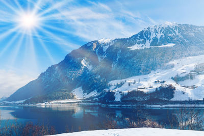 Scenic view of snowcapped mountains against sky