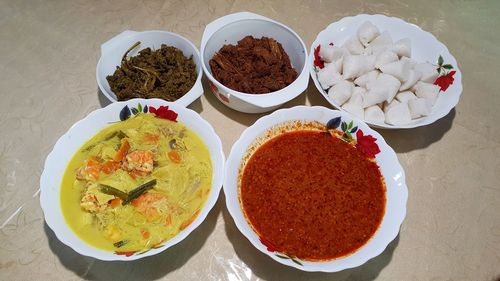 High angle view of breakfast served on table