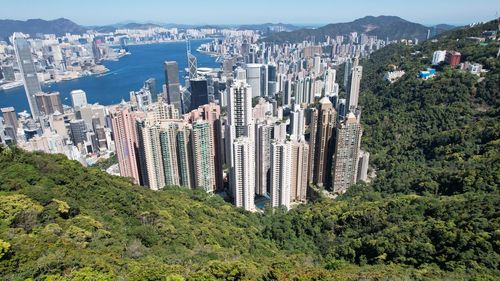 High angle view of buildings in city central hong kong