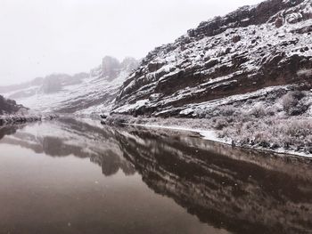 Scenic view of lake by snowcapped mountains against sky