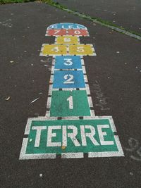 High angle view of text and numbers on street