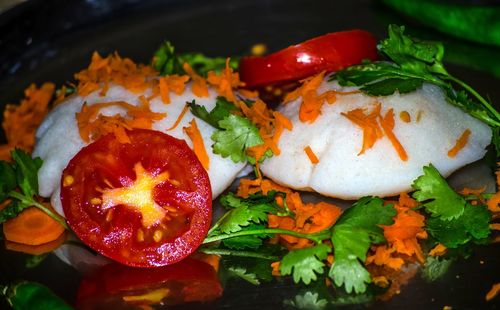 High angle view of fish on plate