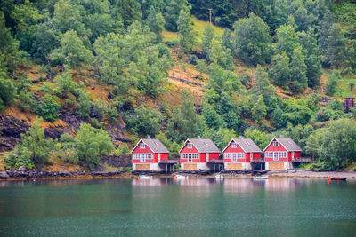 Houses by lake and trees in forest