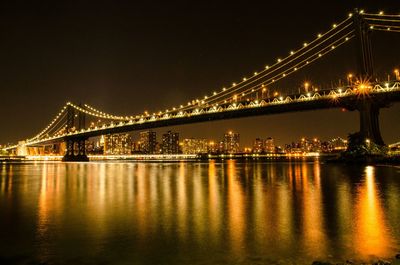 Suspension bridge over river at night