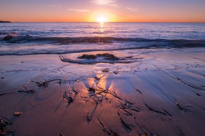 Scenic view of beach against sky during sunset