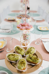 High angle view of food served on table