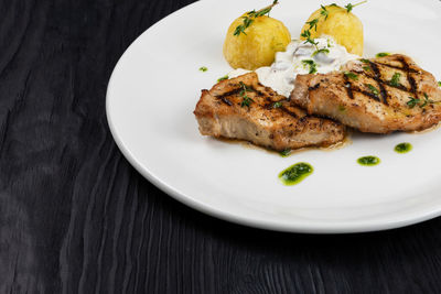 High angle view of food in plate on table