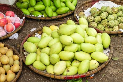 A variety of fresh tropical fruits on the market stall on the green mangoeshue, vietnam.