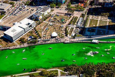 High angle view of buildings in city