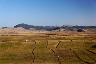 Scenic view of landscape against clear blue sky