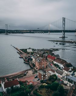 High angle view of suspension bridge over sea