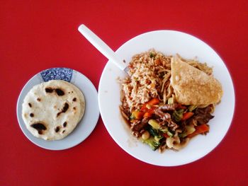 High angle view of meal served on table