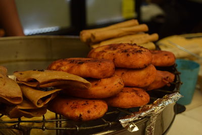 Close-up of bread in basket on table