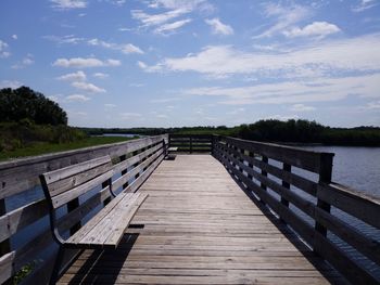 Observation deck over calm spring against sky.
