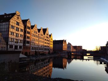 Reflection of buildings in city against clear sky.  old town in the evening 