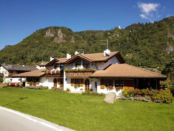 Houses on field by buildings against sky