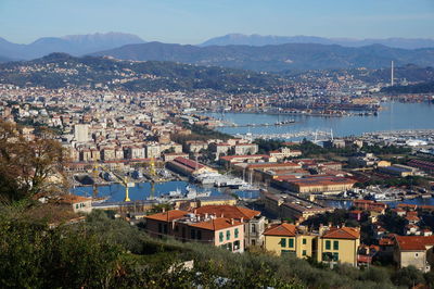 High angle view of townscape and mountains against sky