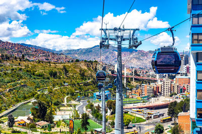 Overhead cable car in city against sky