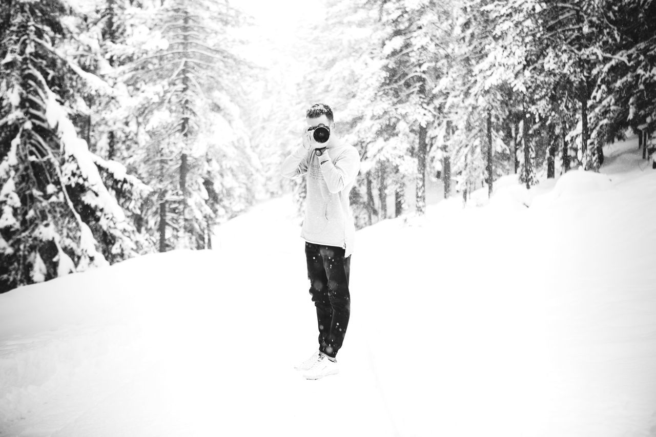 snow, winter, cold temperature, one person, nature, warm clothing, women, one woman only, people, adult, tree, adults only, only women, forest, outdoors, snowing, beauty in nature, day, snowboarding