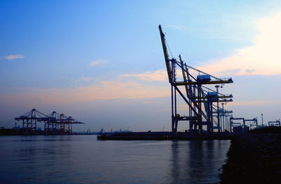 Cranes at commercial dock against sky during sunset