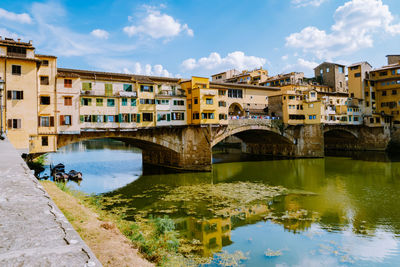 Bridge over river by buildings against sky in city