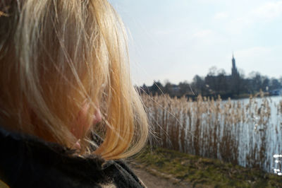 Rear view of woman with blond hair