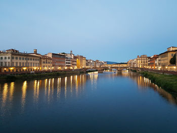 River by illuminated buildings against clear blue sky